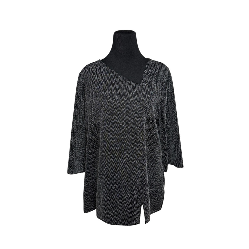 Chicos Herringbone Tunic Top Black Tweed Stretch SZ L 2 3/4 Sleeve Career Work